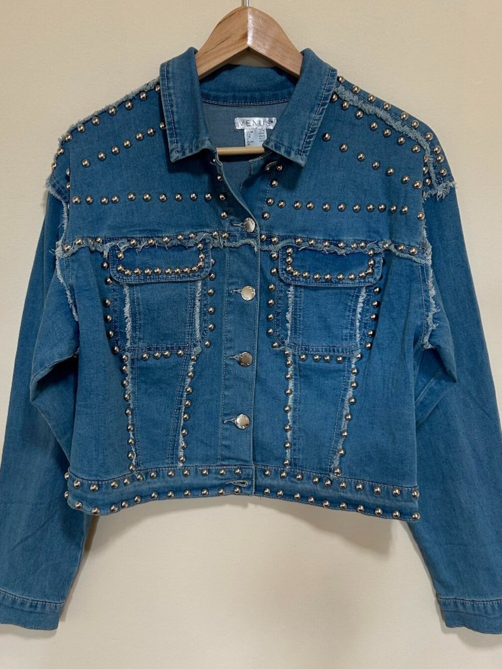 Venus Cropped Metal Studded Jean Jacket Blue Size M